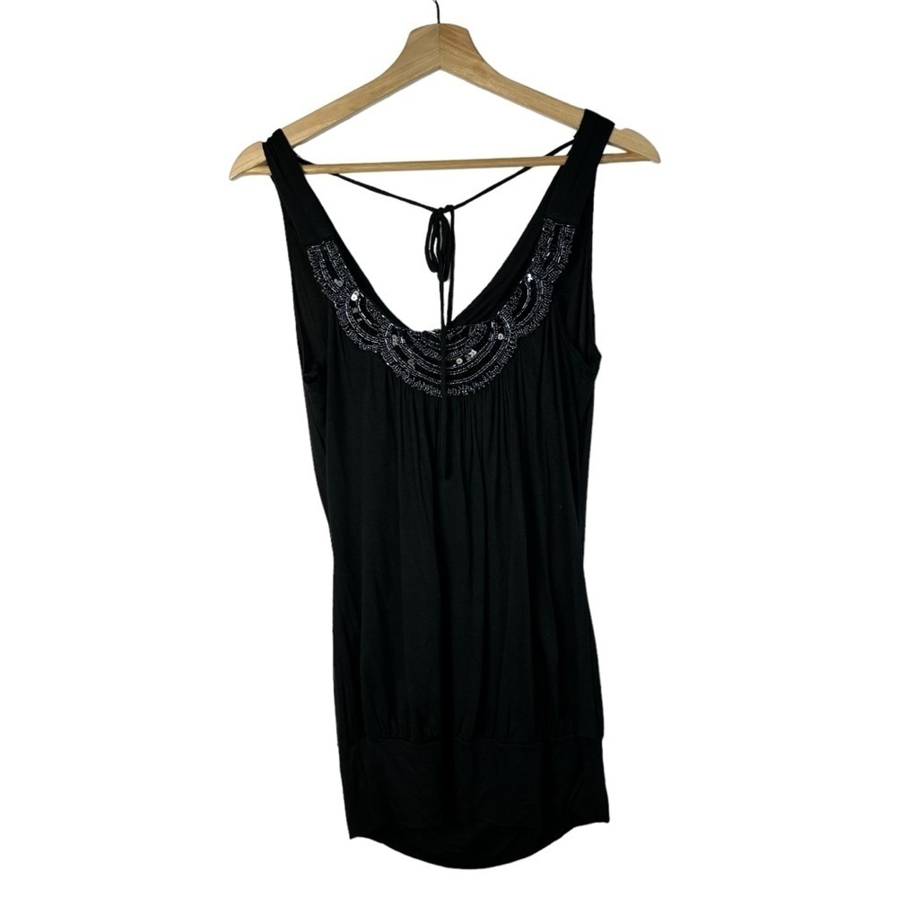 Prospero Black Beaded Scoop Neck Banded Hem Y2K Tank Top S